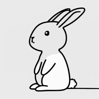 Simple outline of a Rabbit, kids cartoon, minimalist, black on white, lineart, 2d flat file, silhouette, clipart, uninterrupted outline as in an svg, perfect outline corners, make it an outline svg and fill color white, exact outline, the line should not be thickened, the line should not be thicker or thinner, the outline of the line should be thin, maximum 1 millimetre.