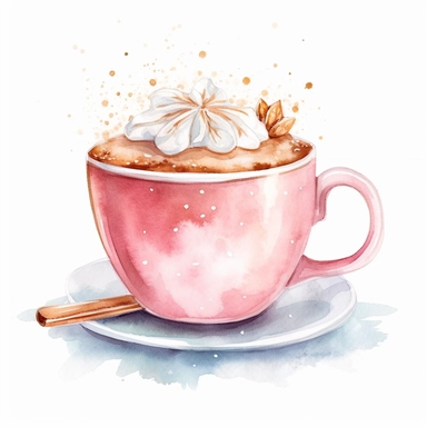 watercolor clipart of a cute charming cup of tea, sparkles, winter wonderland vibes, isolated on white background