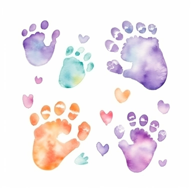 Baby footprints or handprints with cute patterns or decorative elements., cute adorable emotional watercolor style on white background with margins in a clipart design