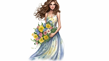 Young woman with wavy hear wearing a pretty long summer dress holding a bouquet of blue, yellow, pink and white flowers, white background, clipart, highly detailed, 8k, digital art,