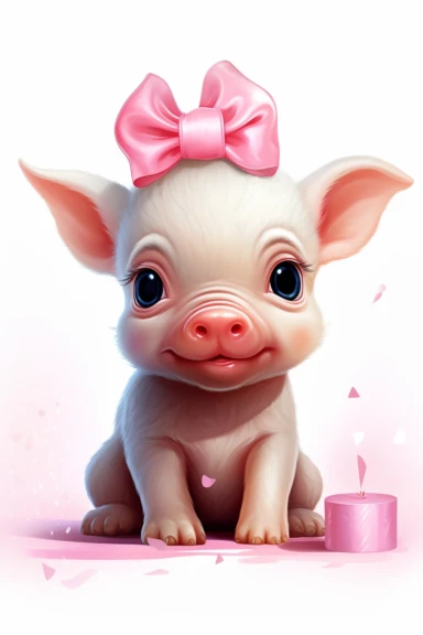a baby pig with pink bow, clipart, white background