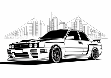 toyota skyline on white background, centered, cocktail clipart, clipart, hiroshi nagai, coloring book, bold outlines, black and white