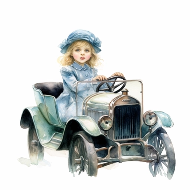 Watercolor Victorian baby girl in driving a turquoise ford t car from the era clipart , on a white background, Illustration clipart, 4K, extremely detailed