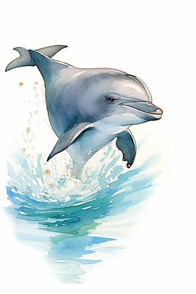 Clip art of dolphin, simple, White margins around the image, drawn by Helen Beatrix Potter, easy to crop image, white background