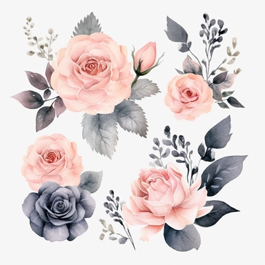 watercolor, Set of pale color rosettes and decorative stickers png Full body realistic cartoon in 32K UHD cute. 15 cm thick outline. Black color. There was no shadow on the ground. 8k with realistic watercolors and detailed illustrations. PNG clipart, transparent white background