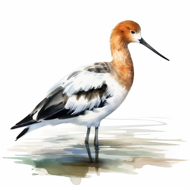 beautiful, bright colors, American avocet, watercolor, cinematic, dramatic, realistic, very detailed, white background, clipart, medium image size