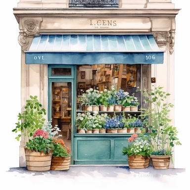 watercolor, hyper realistic, white background, white margins, 16k, ultra detailed clipart, cut out image, hand-drawn art print in french of interior of small boutique with flowers, in the style of green and azure, aquarellist, detailed environments, e. h. shepard, realistic cityscapes, rollei prego 90, outdoor art