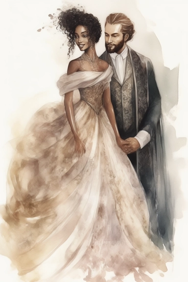 amazing detailed watercolor clipart of a beautiful smiling black woman bride and a Caucasian groom, the woman with a beautifully detailed Heavenly draping baroque-inspired haute couture gown on a beautiful young woman stunning seraphim posing a classical fashion setting and a long veil, holding hands with a handsome young caucasian groom, no caption, solid white background, cinematic light lighting, hyper-detailed, 8k, high resolution, symmetrical, body shot photograph, insanely detailed and int