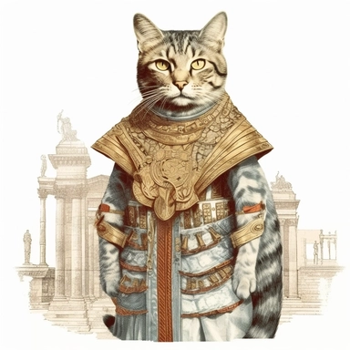 collage quirky cool collage Ancient Roman cat Felis catus clipart, Wearing a formal dress, detailed, clean line, hd, on white background, spaced out