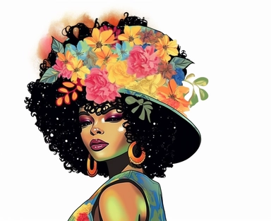 a vector of a black afro woman with flower buds and a hip hop type hat, juneteenth colors. in the style of glittery and shiny, hip hop influenced, clipart, few colors, floral