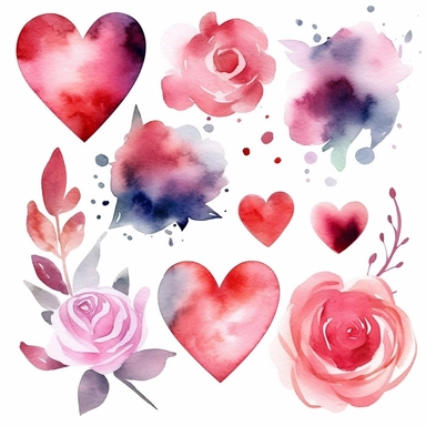 6 watercolor fancy valentines day clipart, isolated on white background,space out--ar3:2--s1000