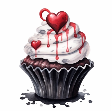 delicious halloween cupcake with queen of hearts, watercolour illustration clipart, extremely detailed, 4k, high quality, colour scheme black, red and white , , isolated on white background - <@1098423716465102849> (relaxed) - <@1098423716465102849> (rela
