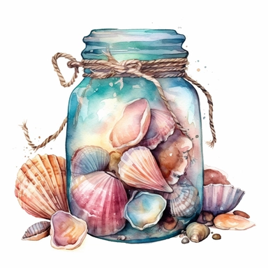 watercolor clipart of beautiful pastel shells within a big round jar wrapped with rustic cord ornament, vintage style