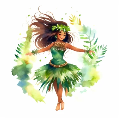 watercolor hula girl in grass skirt clipart, white background, hd, hand drawn