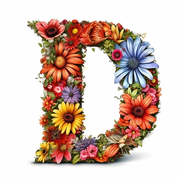 letter D floral,many flowers,ralistic,high details,vibrant colors,clipart,white background