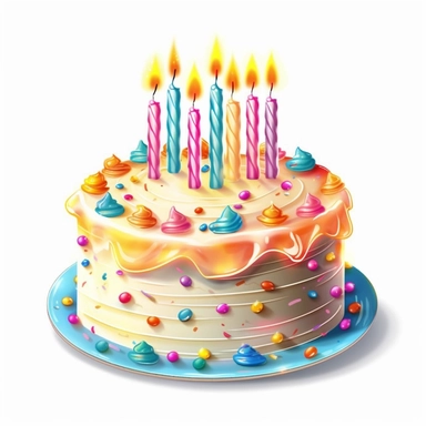 Create a high-quality clipart image of a classic vanilla birthday cake with lit candles. Show a round cake with layers of fluffy vanilla sponge cake and smooth vanilla buttercream frosting, adorned with colorful candles.