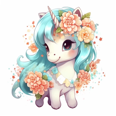 a unicorn made from cute floral flowers clipart, in the style of kawaii aesthetic, watercolor, junglecore, charming anime characters, white and cyan