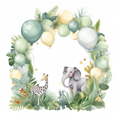 create cute soft colors and party balloons and jungle theme, 2D and clipart on white background
