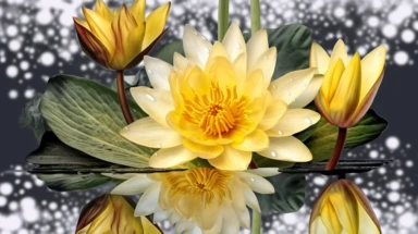 Yellow Water Lily Clipart Illustration PNG realistic photography, Higher coherence, Improved sharpness, accuracy, perfect look, perfect lighting, center of frame, ultra HD, 8k, Full body, OC renderer, sweet,sweet, dynamic background,(no unwanted borders or text artifacts)