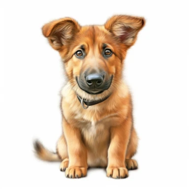 hyper-realistic clipart of an adorable German Shepherd puppy on a white background. Capture the playful and curious nature of the puppy, showcasing its intelligence and loyalty. Pay attention to the distinct features of the German Shepherd breed, including its pointy ears, expressive eyes, and beautiful coat markings. Use a mix of warm and neutral tones to bring out the puppy's natural colors and textures. Focus on the puppy's endearing face and capture its innocent and gentle expression. Add su