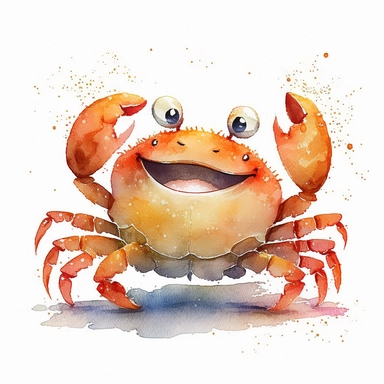 watercolor illustration happy crab, cartoon style, white background, clipart