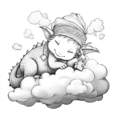 colouring book, black and white, simple art, a cute baby Dragon sleeping on top of a mega Cloud, pyjama hat on, closed eyes, magical tale, for ages 2-6, adorable, bedtime, clipart, no fill, no background
