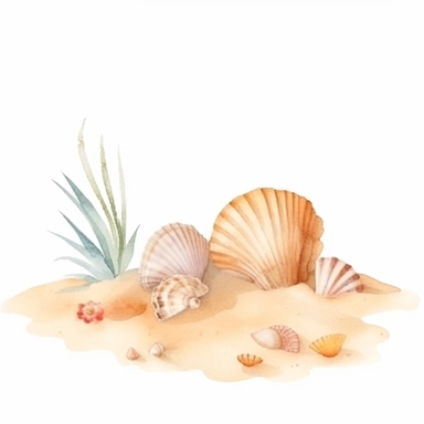 Watercolor A sandy beach with gentle waves and seashells clipart, Minimalist, isolated white background, 8k