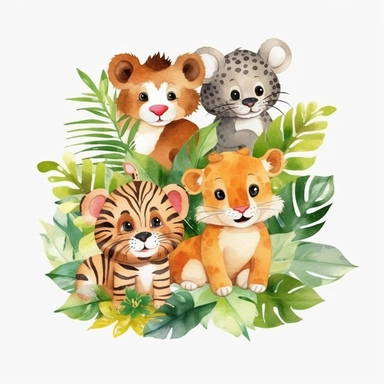 clipart with white background, baby jungle animals playing in the jungle, cute and adorable, clearly defined separate image, high quality--ar3:4-no mockups, watermarks, numbers, writing, letters--q2--v5.1--s1000