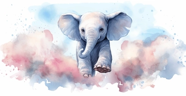 Adorable, playful baby elephant on the blue feathery clouds, in pastel blue and pink colours, ornamental watercolor clipart, white background, I can’t believe how beautiful this is