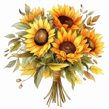 watercolour bouquet of sunflowers clipart, hd, detailed, earth tones, white background, spaced out