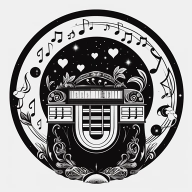 clipart with a beautiful jukebox and hearts in the centre. Beautiful, flat, classic style, black and white, round image border