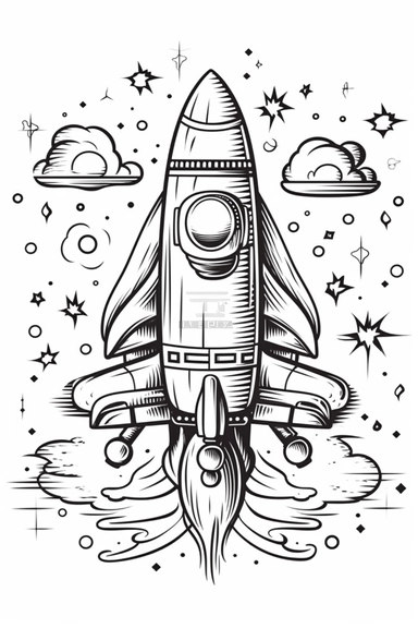 spaceship , clipart style of coloring book for children, super simple, thick, clear, lines, black and white, white background