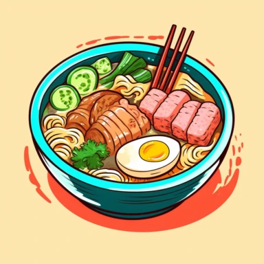 Visualize a hand-drawn, colorful clipart of a steaming hot bowl of ramen, perfect in every detail. The broth appears rich and savory, and the ramen noodles are depicted as thick, soft, and wavy. Topping the bowl are slices of roast pork, a half soft-boiled egg, scallions, and bamboo shoots. It's all set against a bright white background that enhances the tempting colors of the dish.