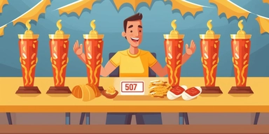 newspaper article about how a man won the hot dog speed eating championship, clipart collection, casual game design, pseudo 3d, cartoon style, vector illustration