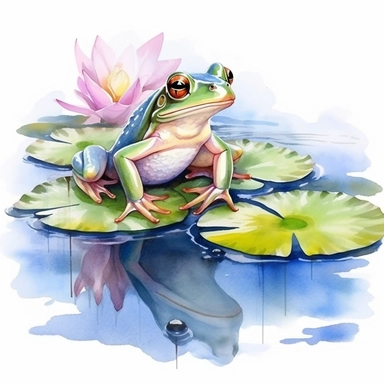 Clipart of frog sitting on lily pad in water pond, A frog sitting on top of a lily pad with water in a pond, watercolor painting, white background, featured on pixiv, computer art, madhey of flowers, watercolor, digital illustration, american scene painting, detailed painting, realistic