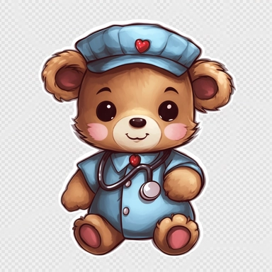 cute nurse bear nurse doctor nurse teddy cartoon for kids download free png clipart illustration free, in the style of ambrotype, black background, high quality photo, cross-processed film, watercolor, dark brown and navy, text-based