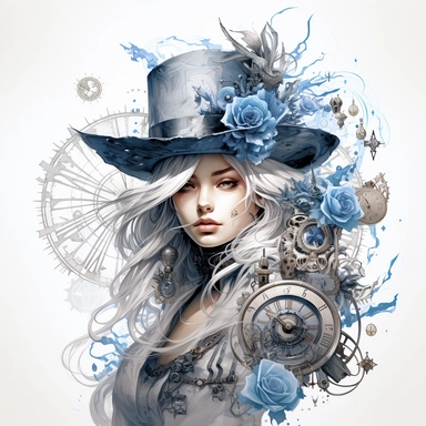 clipart white background paint a mesmerizing steampunk witch with delicate watercolor hat and an elaborate headdress adorned with clock hands and gears