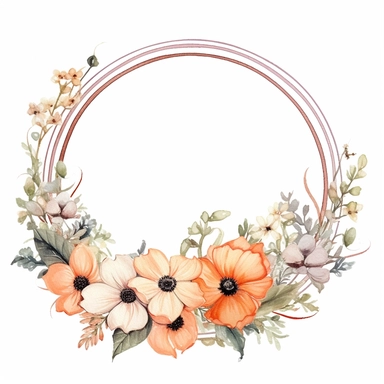 watercolor clipart of a empty suttle dainty floral round frame surrounded by peach color flowers and cream color flowers. Capture the essence of blooming beauty and intricate details in your artwork, white background