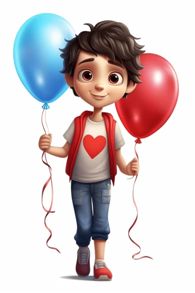 hp clipart,cute boy dressed in light sports clothes holding 3 red balloons in his hand, big blue eyes, black hair, on white background, vector , fully detailed, full body figure view