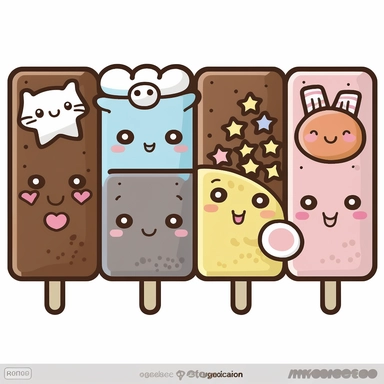 clipart of a kawaii chocolate bar with animal faces and fun designs, pastel colors, thick outline, thick lines, isolated on white background, Yoshitomo Nara