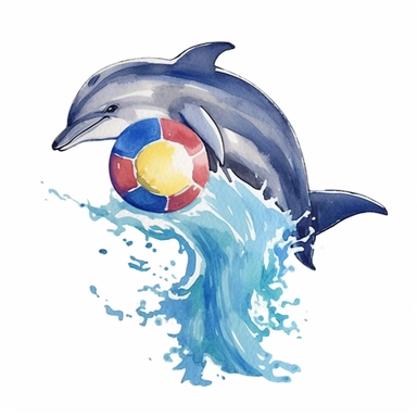 a Dolphin With beach Ball in the style of watercolour clipart with detailed brush strokes