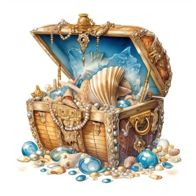 a treasure chest, brimming with untold riches, rests on the sandy ocean floor. The chest gleams with polished gold, adorned with intricate engravings that hint at ancient legends. , azure waters. Delicate seashells and shimmering pearls are scattered nearby, clipart, white background