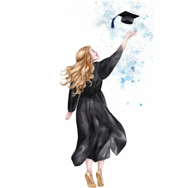 create a hand drawn watercolor clipart of girl in gown throwing graduation cap, white background, 4k