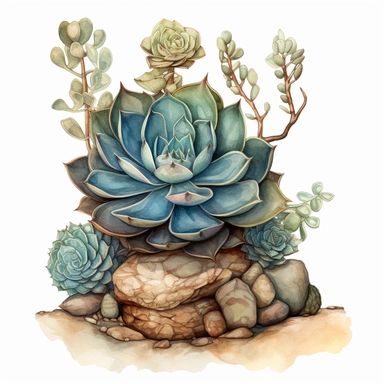 Watercolored pencil style illustration, a desert succulent with natural boho decorations, green blue brown beige, isolated on a white background, PNG file clipart style, Dennis Wojtkiewicz, Amanda Clark, Lowell Herrero,