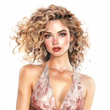 Illustrate a watercolor clipart portrait of a glamorous young model with curly hair, dressed in an elegant evening gown, and accessorized with sparkling jewelry, perfect for a red carpet event clipart, white background