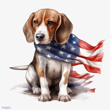 realistic watercolor of a Beagle wering a american flag scarf, vector free clipart illustration, in the style of unreal engine 5, 32k uhd, detailed features, white background