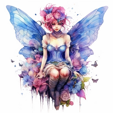 Amongst the petals of a giant flower, a radiant blue, pink, and purple steampunk pixie finds solace, her wings delicately resting against the soft petals. White background, intricate details, retro-futurism, watercolor clipart, hyper-realistic