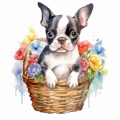 clipart watercolor, very cute Boston Terrier puppy, sitting in a basket with flowers, full body, childlike, free brushwork, white background, high solution
