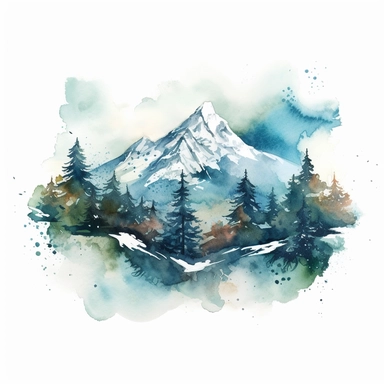 : A watercolor winter scenery clipart showcasing the enchanting beauty of a snowy mountain landscape. The brushstrokes elegantly portray majestic snow-capped peaks against a clear blue sky. The scene features evergreen trees blanketed in snow, with a frozen river winding through the valley. The color palette is a mix of cool blues, pure whites, and hints of deep greens, evoking a sense of serenity and awe. The clipart invites viewers to immerse themselves in the breathtaking grandeur of a peacef