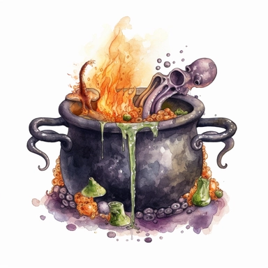 hand drawn black cauldron with bubbling potion, large bone in the cauldron, an octopus tentacle coming out of cauldron and hanging on the side, Halloween, purple orange and green shades, fantasy, glamorous, clipart style, detailed and realistic, watercolor, white background with margins
